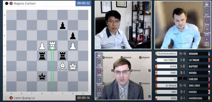 Quang Liêm trong ván đấu Carlsen rạng sáng 23/3. Ảnh: chụp màn hình