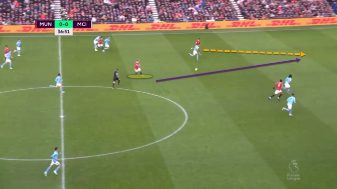 Trong pha chuyển trạng thái của Man Utd, Fernandes chuyền bóng để Rashford chạy chỗ ra sau hàng phòng ngự dâng cao của Man City. Rodri không theo kịp tốc độ của Rashford và chỉ nhờ thủ môn ngăn tiền đạo Man Utd mới không bị dẫn bàn ngay từ hiệp một trận derby ngày 14/1. Ảnh: chụp màn hình