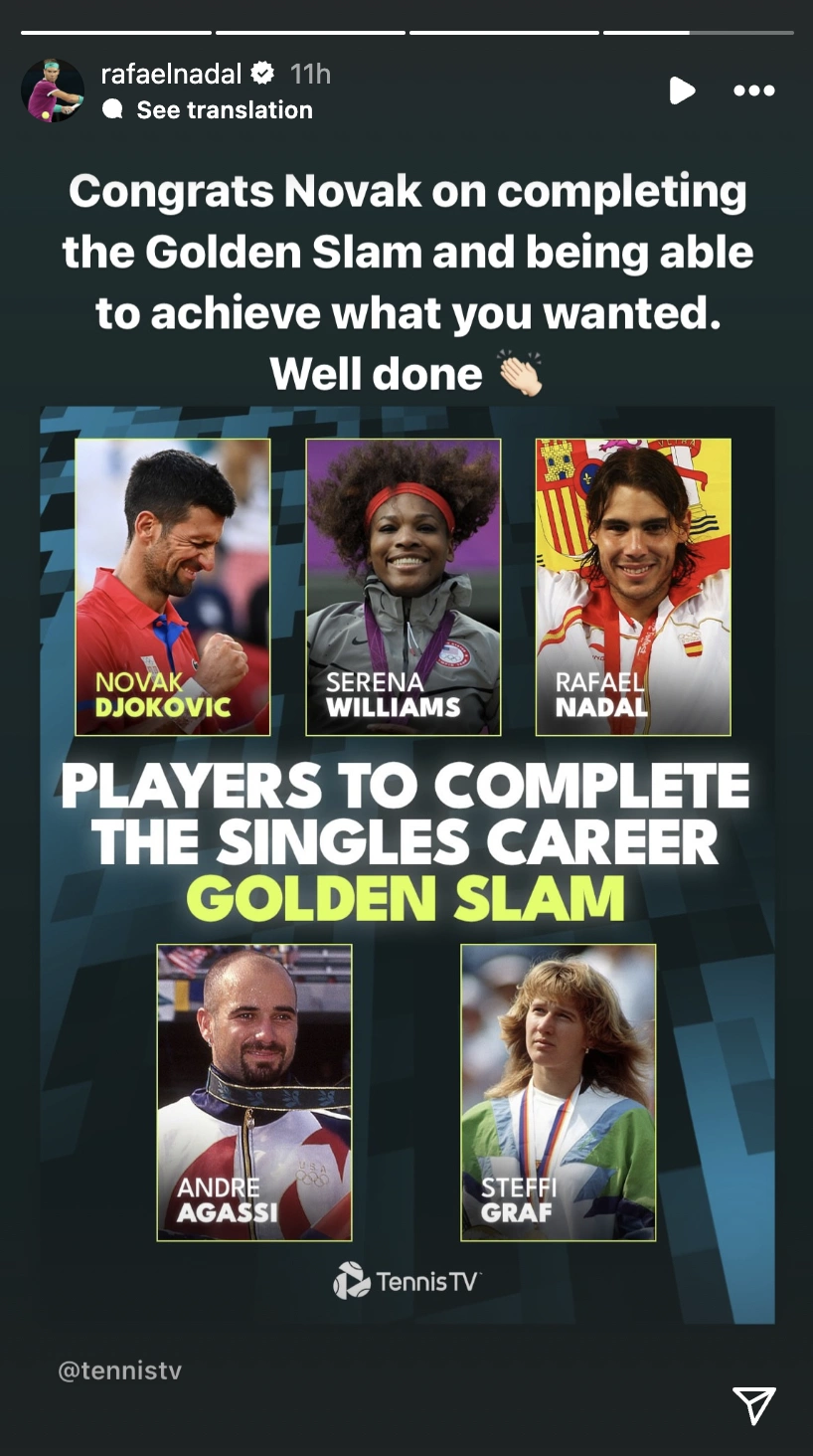 Lời chúc của Nadal tới Djokovic. Ảnh: Instagram