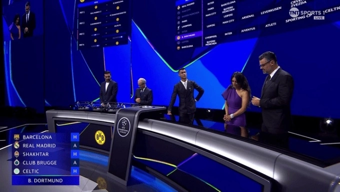 Ronaldo chống tay lên hông, quay sang hướng khác trong lễ bốc thăm vòng bảng Champions League tối 29/8. Ảnh: TNT Sports