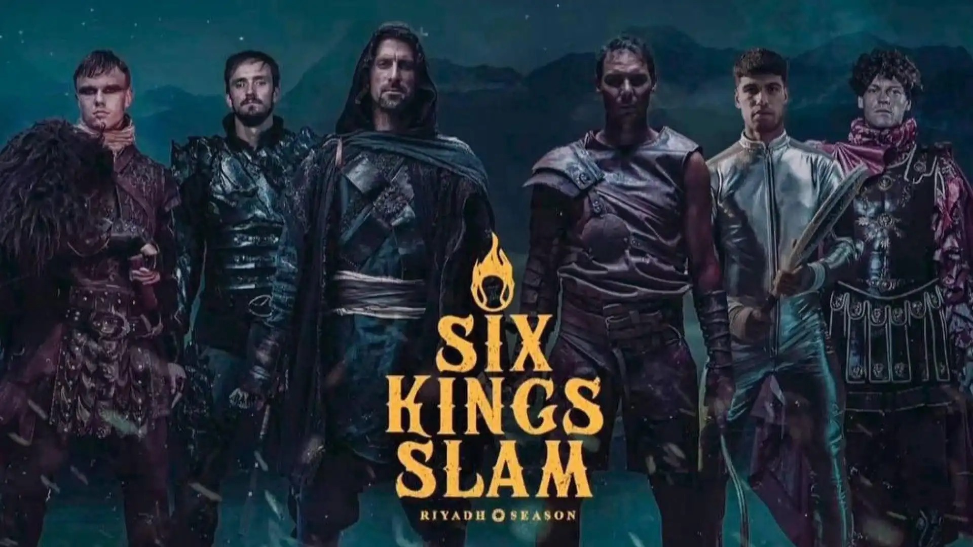 Sáu tay vợt dự Six Kings Slam, gồm Rune, Medvedev, Djokovic, Nadal, Alcaraz, Sinner (trừ trái qua phải). Ảnh: ATP