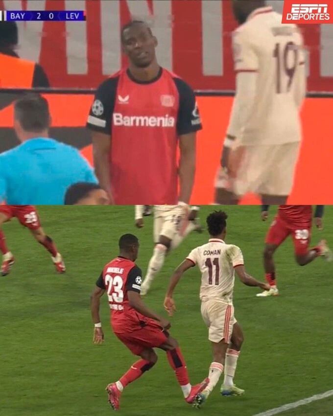 Tình huống Nordi Mukiele giẫm gót chân Kingsley Coman và nhận thẻ vàng thứ hai.