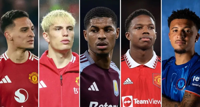 Lần lượt từ trái qua là Antony, Alejandro Garnacho, Marcus Rashford, Tyrrell Malacia và Jadon Sancho.
