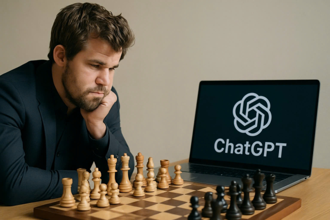 Minh họa Carlsen đấu cờ vua với ChatGPT. Ảnh: ChatGPT