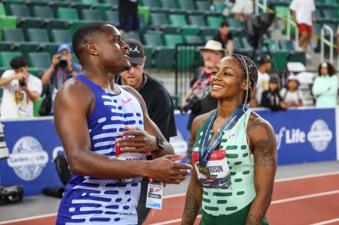 Sha’Carri Richardson (phải) và Christian Coleman tại Giải Vô địch điền kinh Mỹ 2023. Ảnh: Kevin Morris