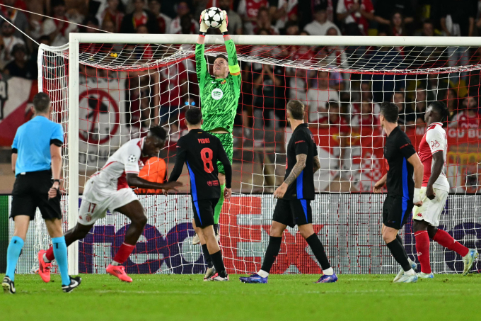 Thủ môn Ter Stegen bắt bóng trong trận Barca thua Monaco 1-2 trên sân Louis II, Monaco ở lượt ra quân vòng bảng Champions League ngày 19/9/2024. Ảnh: AFP