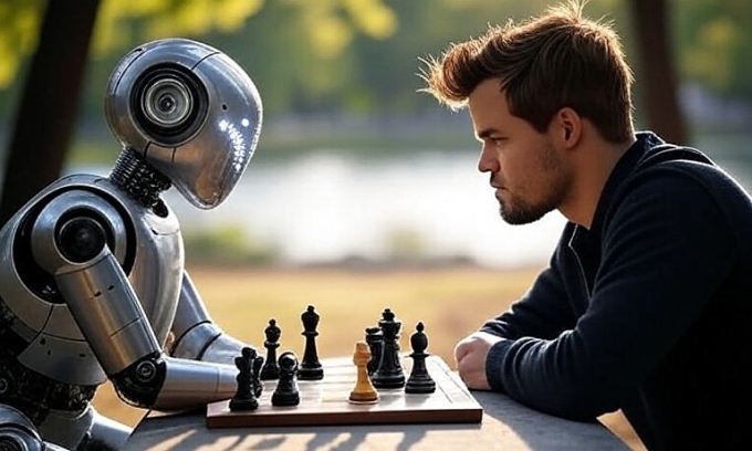Minh họa Magnus Carlsen (phải) chơi cờ vua với người máy. Ảnh: Grok