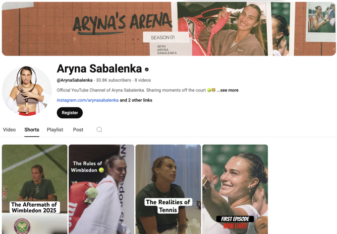Kênh YouTube của Sabalenka. Ảnh chụp màn hình