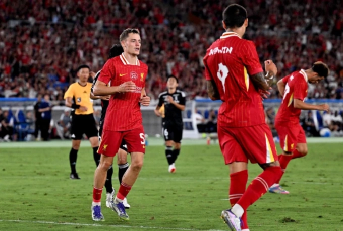 Florian Wirtz mừng bàn trong trận Liverpool thắng Yokohama F. Marinos 3-1 tại sân Nissan, Kanagawa, Nhật Bản ngày 30/7. Ảnh: Liverpool FC