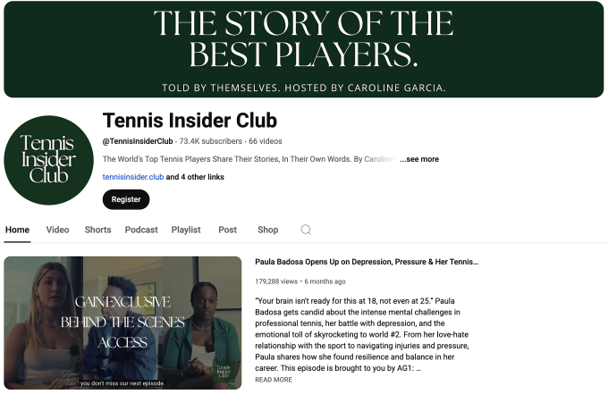 Kênh podcast của Garcia - Tennis Insider Club - được nhiều ngôi sao quần vợt chọn để tự truyền thông về bản thân. Ảnh chụp màn hình