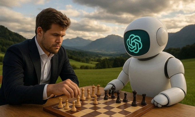 Minh họa Magnus Carlsen đấu với ChatGPT. Ảnh: ChatGPT
