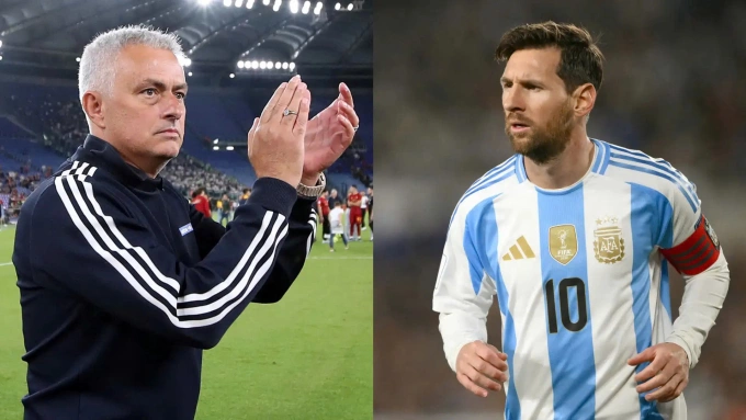 Mourinho (trái) và Messi. Ảnh: Goal
