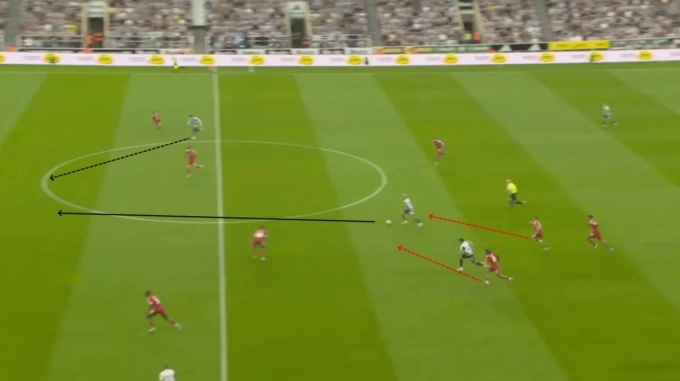 Tình huống Newcastle phản công, khi Szoboszlai và Wirtz đang dâng cao, trong trận gặp Liverpool ở vòng hai Ngoại hạng Anh. Ảnh: Premier League
