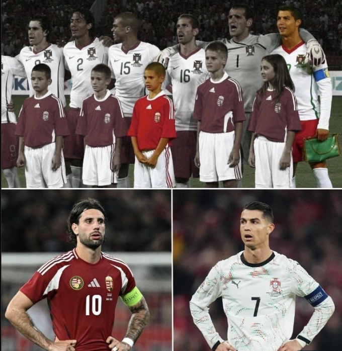 Szoboszlai (ảnh trên, áo đỏ) và Ronaldo trong cuộc gặp gỡ đầu tiên năm 2009.