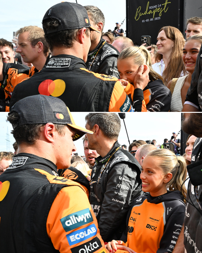 Lando Norris chia vui cùng Magui Corceiro sau chiến thắng tại Budapest tháng trước.