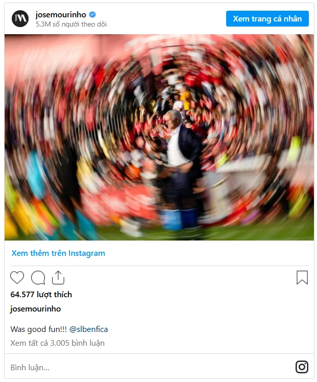 Bài đăng của HLV Jose Mourinho trên Instagram.