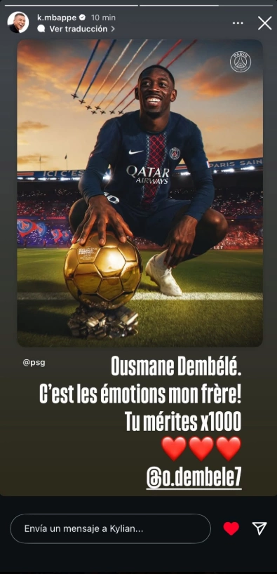 Kylian Mbappe đăng thông điệp chúc mừng Ousmane Dembele giành Quả Bóng Vàng 2025.