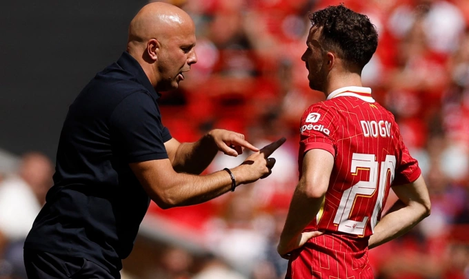 HLV Arne Slot (trái) chỉ đạo Diogo Jota trong trận Liverpool thắng Sevilla 4-1 trên sân Anfield ngày 11/8/2024. Ảnh: Reuters