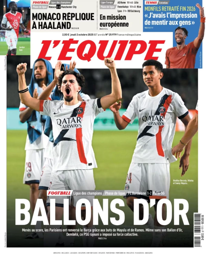 Nhật báo L’Équipe đưa PSG lên trang nhất với dòng tít mỉa mai Balones de Oro.