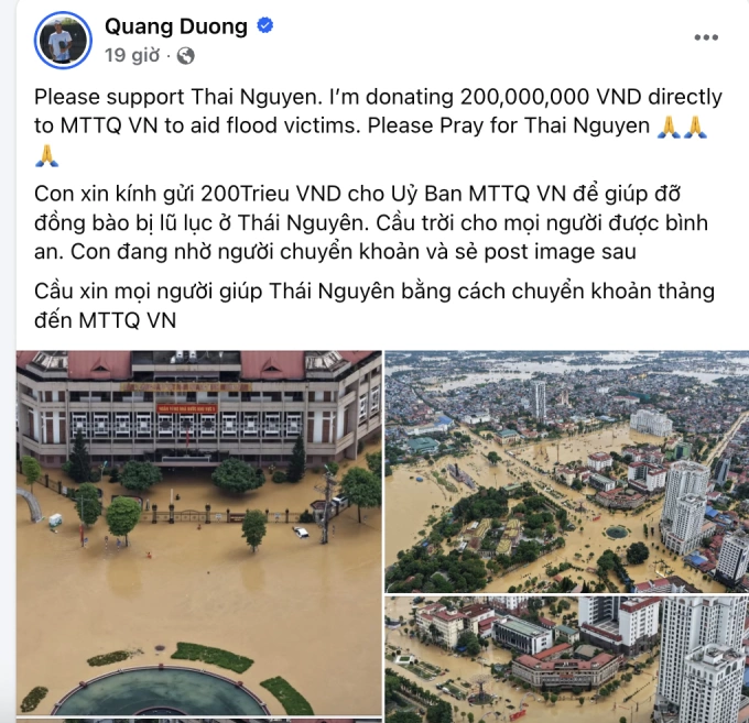 Quang Dương chia sẻ với đồng bào Thái Nguyên. Ảnh: Chụp màn hình