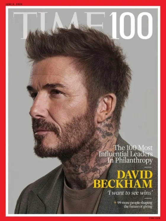 David Beckham xuất hiện trên trang bìa tạp chí Time tháng 5 giới thiệu danh sách 100 nhà từ thiện có ảnh hưởng nhất thế giới. Ảnh: Time