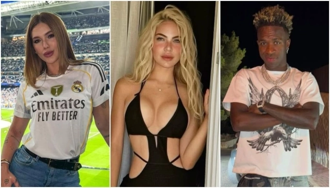 Fonseca (trái) từng hẹn hò với Vinicius, trước khi cắt liên lạc vì phát hiện tiền đạo Real Madrid nhắn tin qua lại với người mẫu Day Magalhaes (giữa). Ảnh: CNN Brasil
