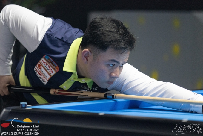 Bao Phương Vinh thi đấu tại World Cup Billiards 3C chặng Antwerp. Ảnh: World Cup Billiards