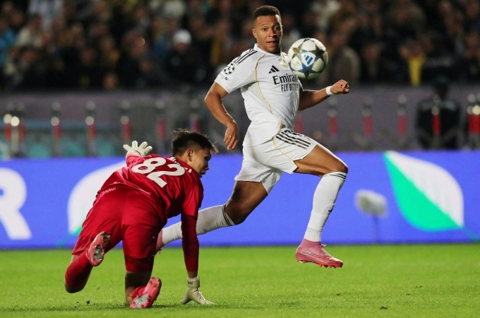 Mbappe ghi bàn trong trận Real thắng chủ nhà Kairat 5-0 ở lượt hai vòng bảng Champions League ngày 30/9. Ảnh: Reuters