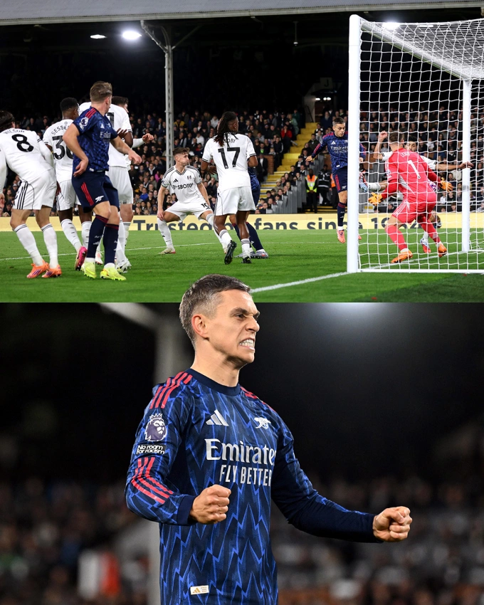 Leandro Trossard ghi bàn và ăn mừng trong trận Arsenal thắng Fulham 1-0 ở vòng 8 Ngoại hạng Anh trên sân Craven Cottage, London, Anh ngày 18/10/2025. Ảnh: Arsenal FC