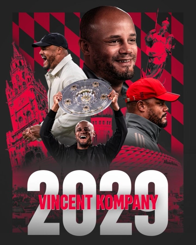 Bayern Munich thông báo gia hạn với HLV Vincent Kompany đến năm 2029.