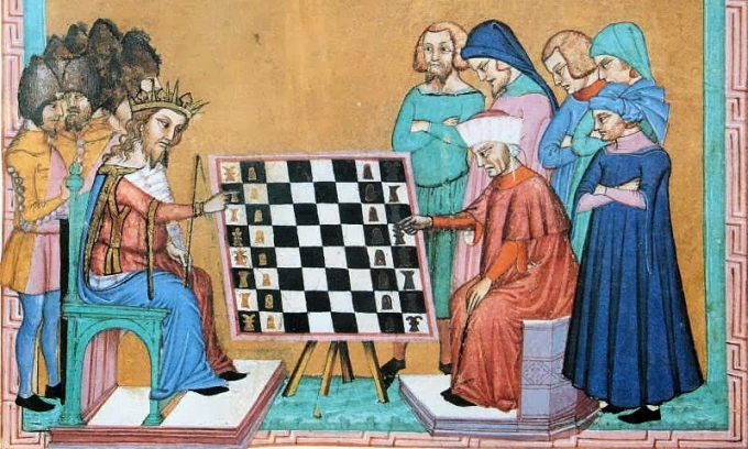 Tranh vẽ một ván cờ vua ở thế kỷ 14. Ảnh: Jacobus de Cessolis