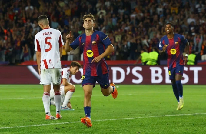 Fermin Lopez mừng bàn thắng cho Barca trên sân Montjuic, thành phố Barcelona, Tây Ban Nha tối 21/10/2025. Ảnh: Reuters
