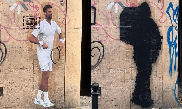 Bức tranh tường mô tả Djokovic tại Wimbledon, trước và sau khi bị tạt sơn tại Belgrade, Serbia. Ảnh: Sports Mail