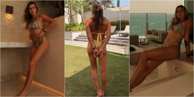 Loạt ảnh bikini của Sabalenka trên mạng xã hội, khi cô nghỉ dưỡng tại Dubai, UAE tuần này. Ảnh: Sun
