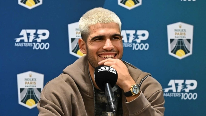 Alcaraz trong buổi họp báo trước thềm Paris Masters, hôm 27/10 tại nhà thi đấu La Defense, Paris, Pháp. Ảnh: Reuters