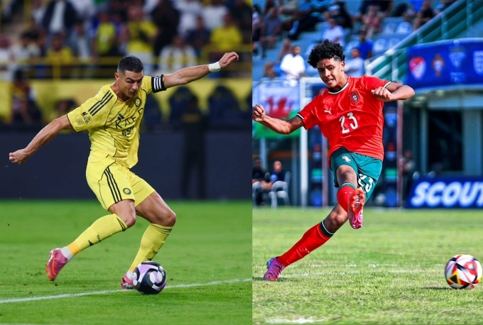 Ronaldo (trái) và con trai ghi bàn cùng ngày 1/11/2025. Ảnh: Al Nassr, FFC