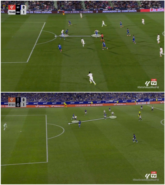 Hai pha kiến tạo bằng những đường chuyền xuyên tuyến của Guler cho Mbappe trước Getafe (ảnh trên) và Oviedo (ảnh dưới).