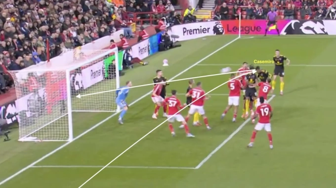 Casemiro đánh đầu chéo góc ghi bàn trong trận Man Utd hòa Nottingham 2-2 trên sân City Ground, thành phố Nottingham, Vương quốc Anh ngày 1/11/2025. Ảnh: Premier League