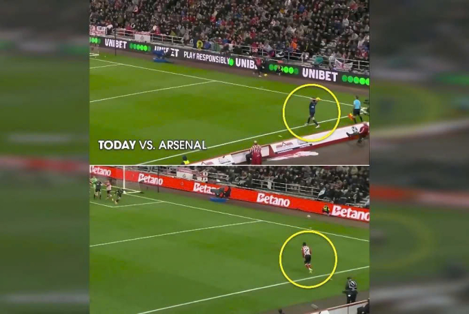 Khoảng cách giữa đường biên và biển quảng cáo sân The Light ở trận gặp Arsenal (trên) và trận gặp Everton (dưới) chênh lệch rõ rệt. Ảnh: NST