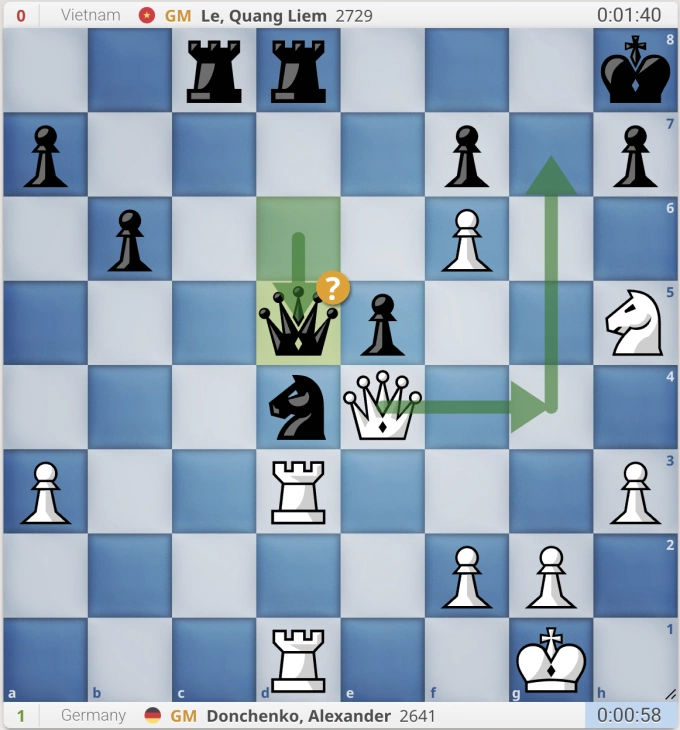 Thế cờ sau nước 30...Qxd5 của Quang Liêm (quân Đen). Donchenko đi ngay hậu g4, dọa chiếu hết ở g7. Quang Liêm có lẽ tưởng rằng xe g8 của ngăn chặn được đòn đánh này, nhưng không...