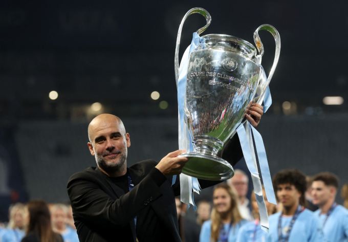 HLV Pep Guardiola mừng danh hiệu Champions League sau trận chung kết tại Olympic Ataturk, Istanbul, Thổ Nhĩ Kỳ ngày 11/6/2023. HLV Pep Guardiola ăn mừng chức vô địch Champions League cùng Man City