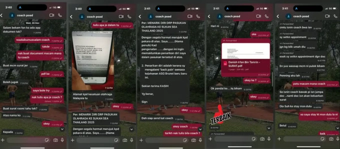 Ảnh chụp màn hình tin nhắn WhatsApp thể hiện HLV chỉ dẫn Danish Irfan viết thư rút lui với lý do giả chấn thương. Ảnh: Free Malaysia Today