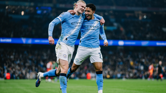 Erling Haaland mừng bàn cùng Omar Marmoush trong trận Man City thắng Galatarasay 2-0 ở lượt cuối vòng bảng Champions League trên sân Etihad, Manchester, Anh ngày 28/1/2026. Erling Haaland mừng bàn cùng Omar Marmoush