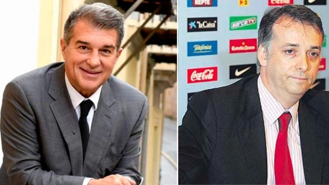 Chủ tịch Barca Joan Laporta (trái) và cánh tay phải Alejandro Echevarria. Ảnh: Culemania