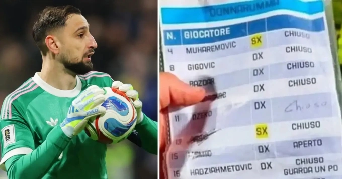Thủ môn Donnarumma và mẩu giấy ghi chú thói quen sút luân lưu của các cầu thủ Bosnia & Herzegovina trong trận play-off châu Âu, World Cup 2026 tối 31/3/2026 tại Zenica, Bosnia & Herzegovina. Ảnh: Tribuna