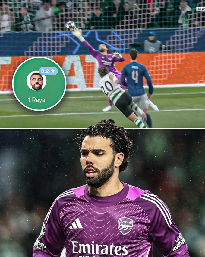 David Raya đẩy cú đá của Maxi Araujo chạm xà và được chuyên trang Sofascore chấm 8,2 điểm - cao nhất trận Arsenal thắng Sporting 1-0 ở lượt đi tứ kết Champions League trên sân Jose Alvalade, Lisbon, Bồ Đào Nha ngày 7/4/2026. Ảnh: ESPN David Raya đẩy cú đá của Maxi Araujo chạm xà và được chuyên trang Sofascore chấm 8,2 điểm - cao nhất trận Arsenal thắng Sporting 1-0 ở lượt đi tứ kết Champions League trên sân Jose Alvalade, Lisbon, Bồ Đào Nha ngày 7/4/2026