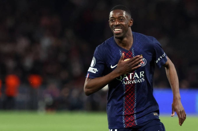 Dembele mừng bàn trong trận PSG 5-4 Bayern ở lượt đi bán kết Champions League trên sân Parc des Princes tối 28/4. Dembele ăn mừng bàn thắng trước Bayern tại Parc des Princes
