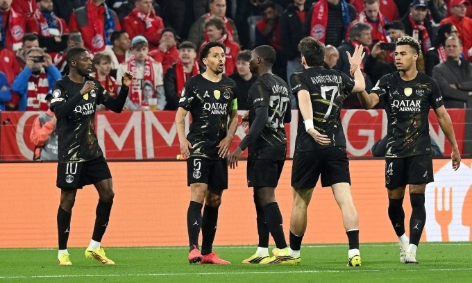 PSG mừng bàn thắng mở tỷ số trước Bayern ở lượt về bán kết Champions League trên sân Allianz, thành phố Munich, Đức tối 6/5/2026. PSG ăn mừng bàn mở tỷ số
