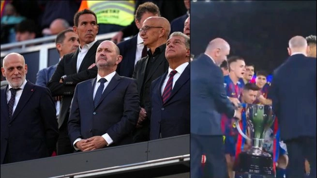 Chủ tịch La Liga Tebas (trái) và Chủ tịch LĐBĐ Tây Ban Nha Louzan (giữa) dự khán trận El Clasico tại Camp Nou. Ảnh: Okdiario