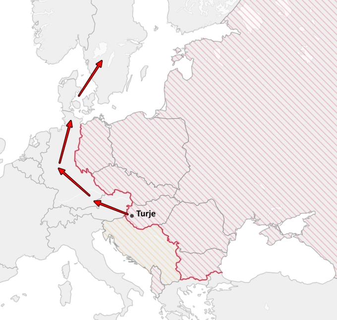 Hành trình đào thoát khỏi Hungary để sang Thụy Điển của ông Istvan Gyokeres Bản đồ hành trình vượt biên của Istvan từ Hungary sang Thụy Điển qua các nước Đông Âu
